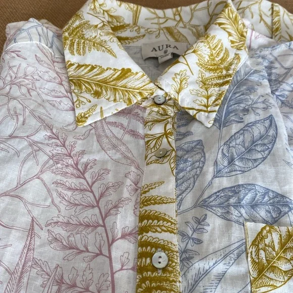 NEW Aura Linen Blend Botanical Print Long Sleeve Shirt and Matching Shorts - Picture 4 of 15